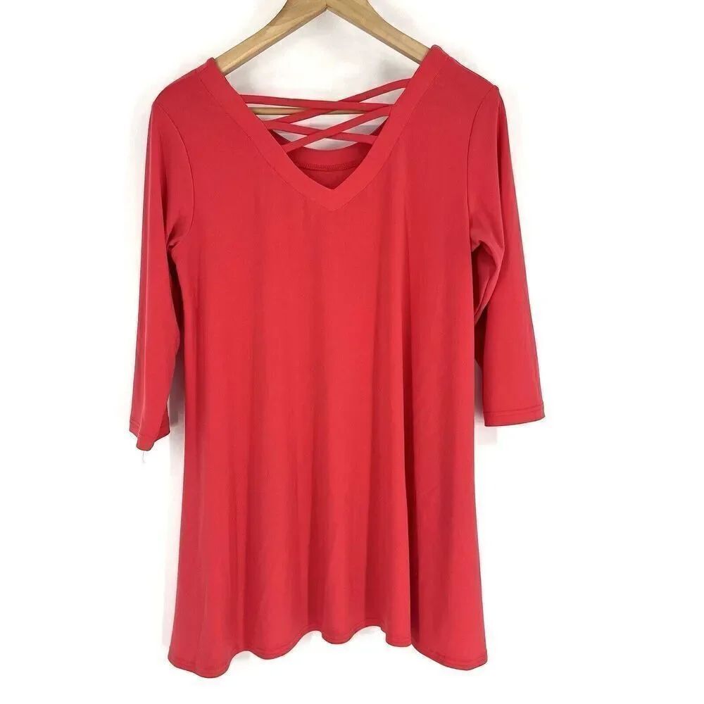 Sympli Tunic Top Size 8 Womens Pink Stretch Lagenlook Flowy CareerāStrappy Back